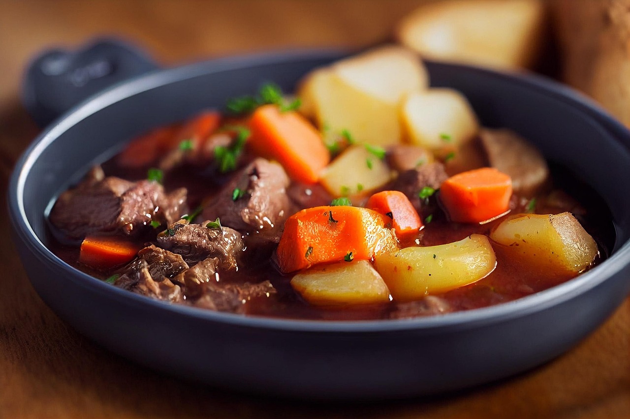 meat and vegetable stew in a blue bowl